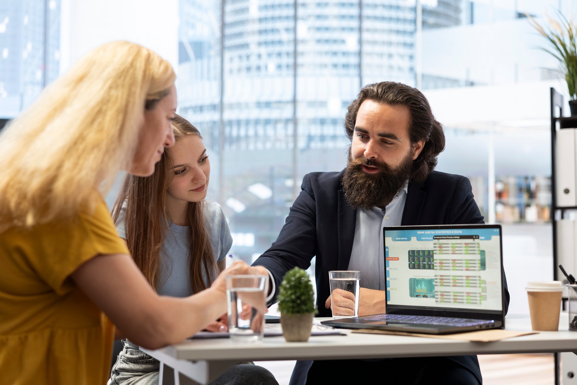 Financial advisor recommending stock market bonds to clients